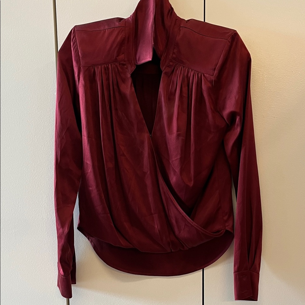 Veronica Beard Burgundy Silk Wrap-Front Long Sleeve Blouse Size 00